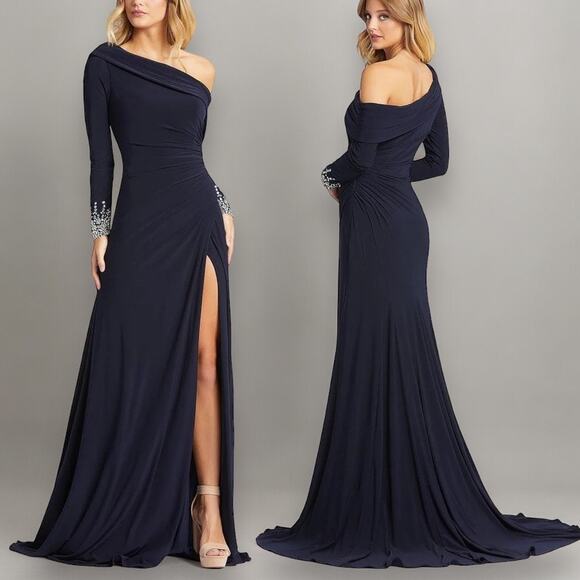 Mac Duggal Drop Shoulder Faux Wrap Navy Thigh Slit Jeweled Cuff Gown Dress Sz 4‎ - Picture 1 of 13